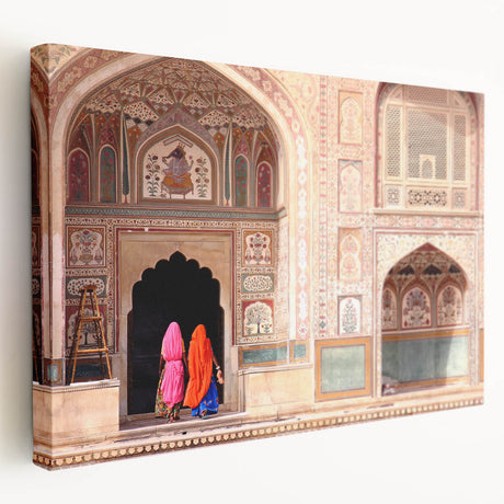 Side view of a stretched canvas depicting a serene Asian Indian landscape in earthy tones, ideal for kitchen wall art.