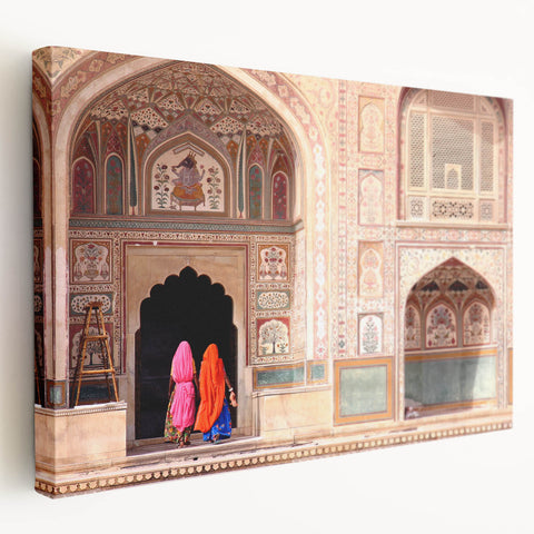 Side view of a stretched canvas depicting a serene Asian Indian landscape in earthy tones, ideal for kitchen wall art.