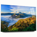 Large abstract wall art of an Indonesian landscape in muted earth tones on acrylic glass.