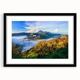 Extra large abstract art print depicting a vibrant, colorful Indonesian landscape on textured canvas, framed in black.