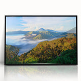 Large abstract wall art depicting a serene Indonesian landscape in muted earth tones on a framed acrylic panel.