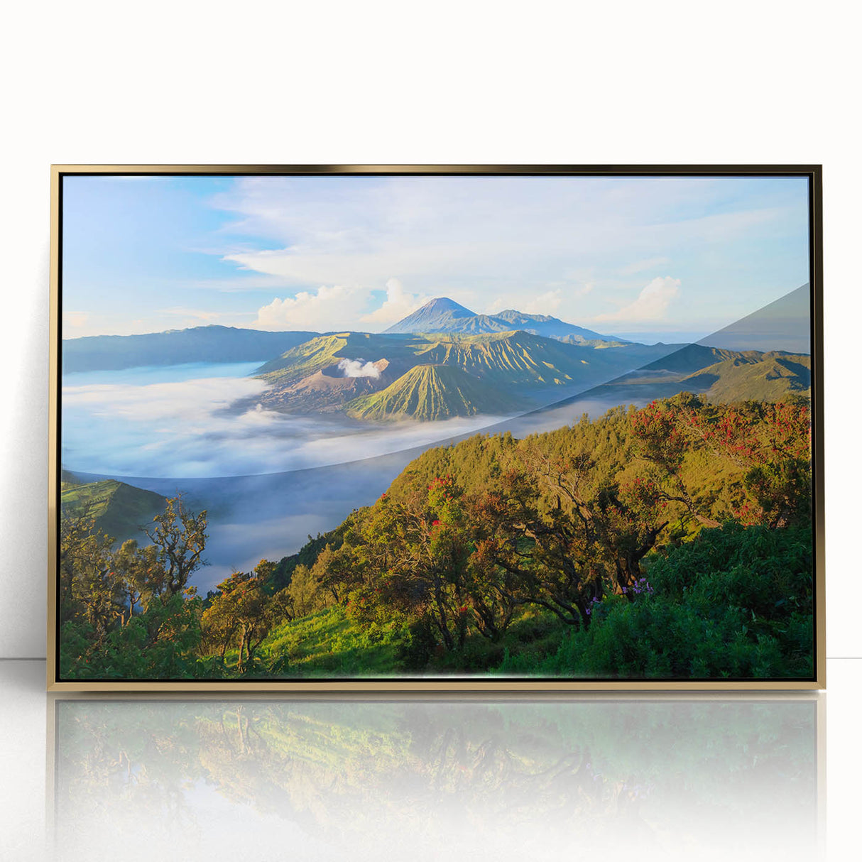 Acrylic print of an Indonesian landscape with muted earth tones in a gold frame, suitable for modern art wall decor.