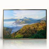 Acrylic print of an Indonesian landscape with muted earth tones in a gold frame, suitable for modern art wall decor.
