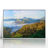 Acrylic print of a serene Indonesian landscape in muted earth tones, ideal for modern art wall decor in a nursery.