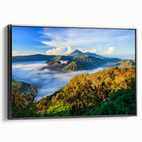 Black and white framed canvas featuring a vintage-style Indonesian landscape, ideal for bedroom wall decor.