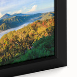 Extra large framed canvas featuring a textured, colorful Asian scenery in black, ideal for living room decor.