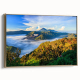 Framed canvas featuring a vintage-style landscape painting of an Indonesian scenery in gold and black tones.