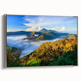 Landscape art painting featuring Indonesian scenery on framed canvas, with vibrant colors and silver frame.
