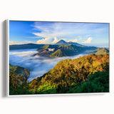 Vintage poster art of an Indonesian landscape on framed canvas.