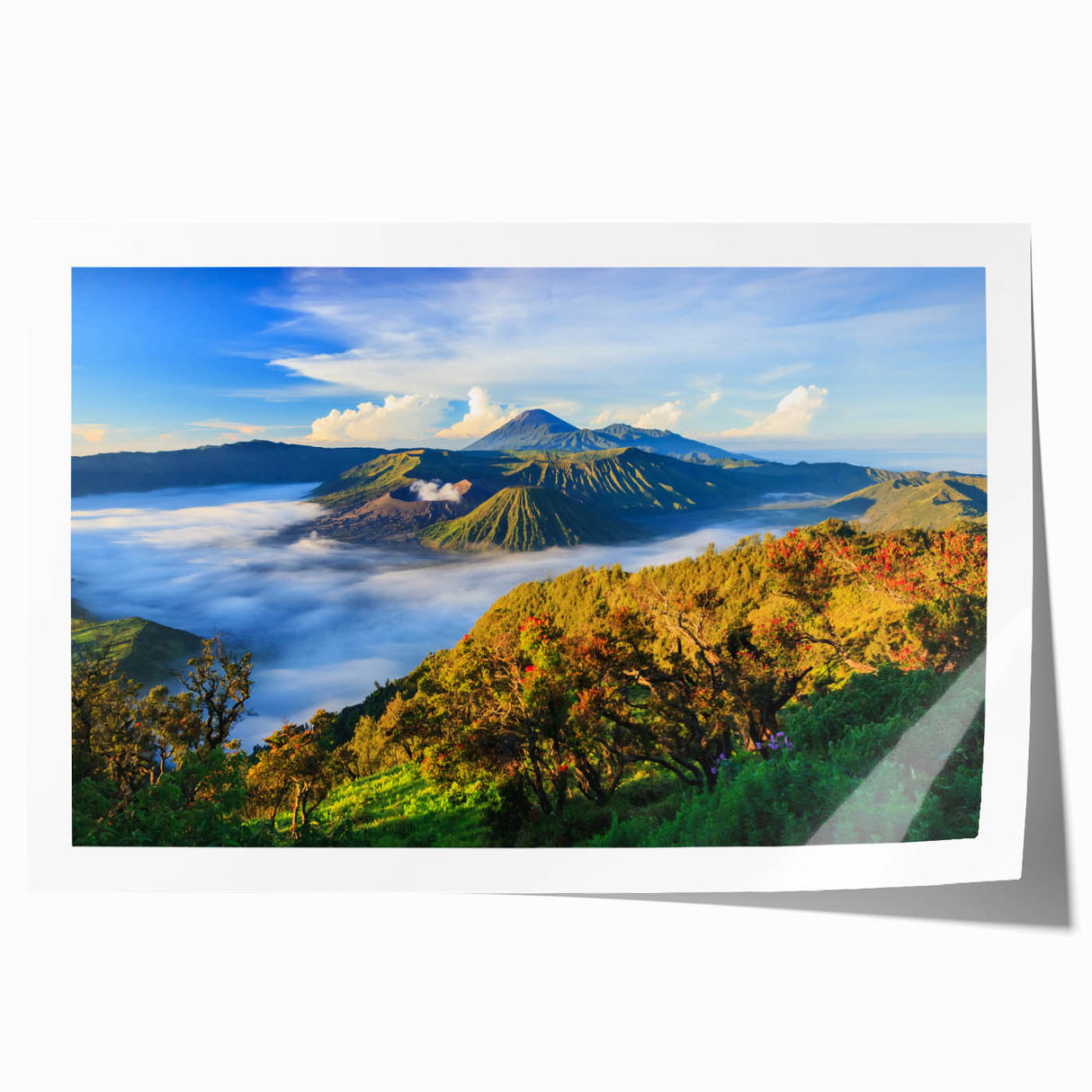 Extra large rolled print of a serene Indonesian landscape with vibrant greens and blues, ideal for art wall dining room.