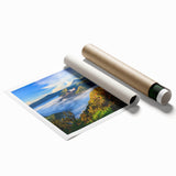 Extra large rolled print of a serene Indonesian landscape with lush florals in soft green and blue tones.