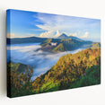 Large canvas print of a serene Indonesian landscape in muted green and blue tones, ideal for kitchen wall art.