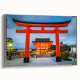 Framed canvas of a vintage-style landscape painting featuring Kyoto with colorful foliage and a black background.
