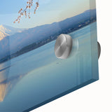 Acrylic print of Mount Fuji in muted blue and white tones, ideal for dining room art in a mid-century modernist style.