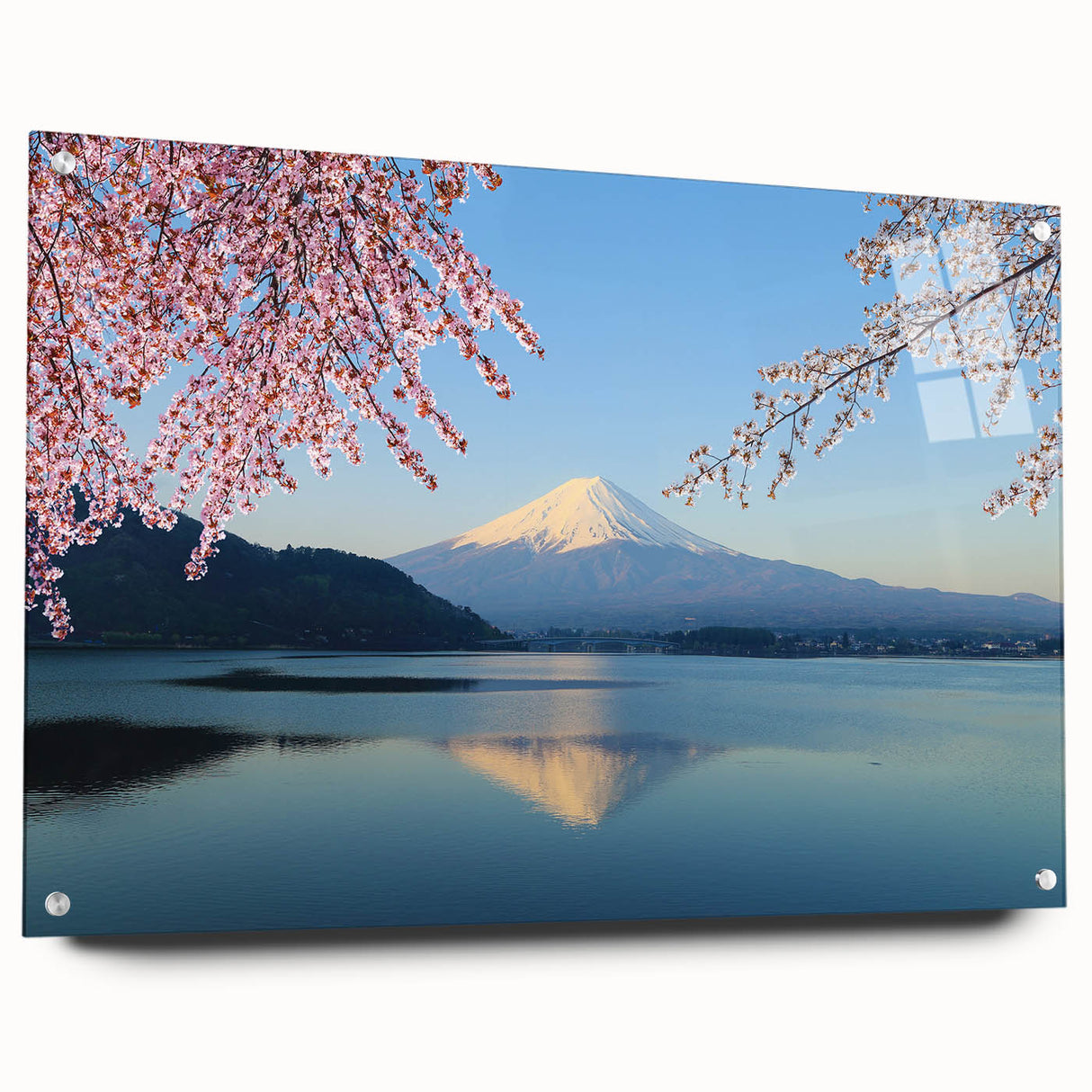 Acrylic print of Mount Fuji with a clear sky, set in a minimalist style, suitable for bedroom or dining room decor.