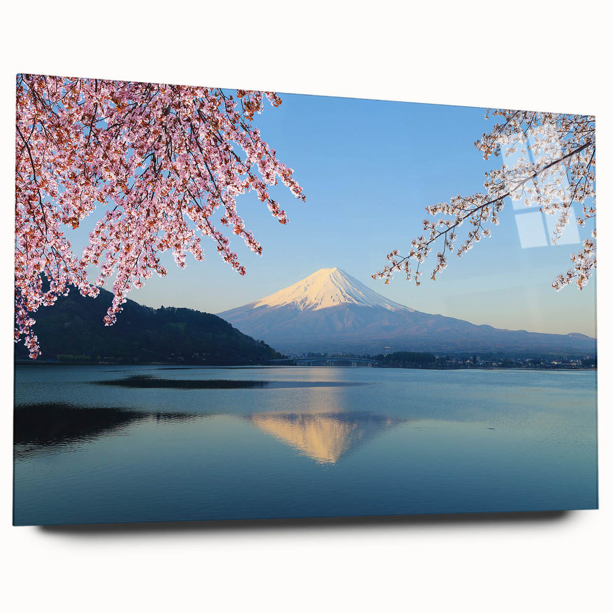 Acrylic print of Mount Fuji with pastel shades, ideal for bedroom or dining room art.