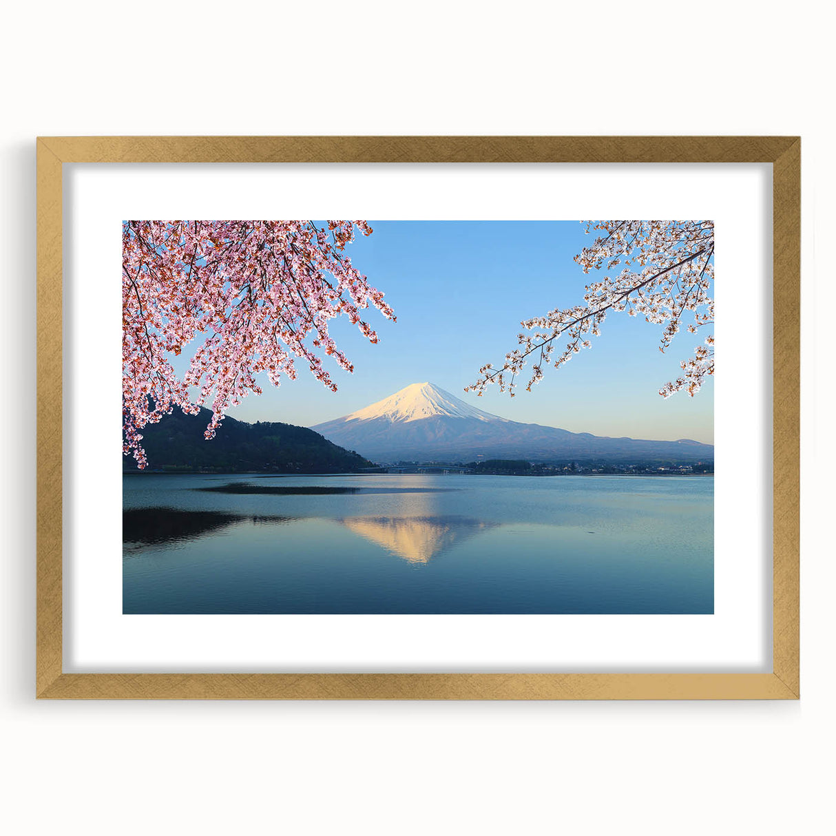 Extra large wall art featuring an abstract depiction of Mount Fuji in textured blues and grays, framed in gold.