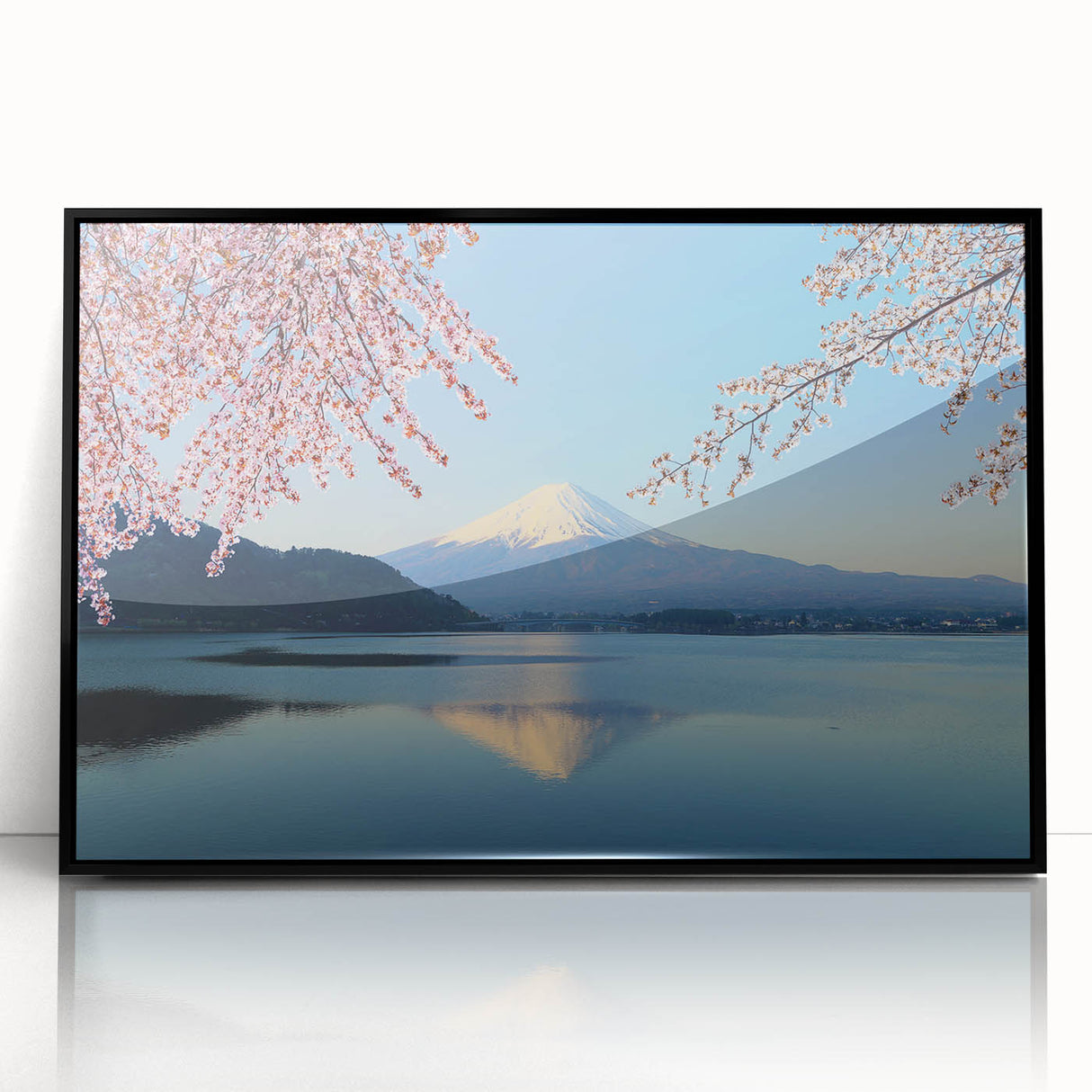Large abstract wall art of Mount Fuji in muted gray tones, framed in black acrylic, suitable for modern living room decor.