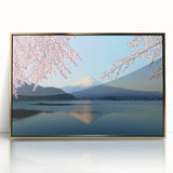 Large art print of Mount Fuji with a gold frame, in mid-century modernist style, suitable for modern art wall decor.