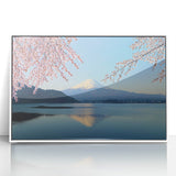 Modern art wall decor featuring a framed acrylic print of Mount Fuji in pastel shades, ideal for nursery wall art.