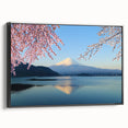 Black and white framed canvas of Mount Fuji, featuring a vintage poster style, ideal for bedroom wall decor.