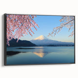 Black and white framed canvas of Mount Fuji, featuring a vintage poster style, ideal for bedroom wall decor.
