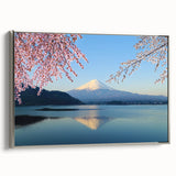 Framed canvas of Mount Fuji landscape with colorful art and black accents, suitable for living room decor.