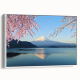 Vintage poster art of Mount Fuji with colorful palette on a large framed canvas, ideal for living room decor.