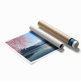 Extra large rolled print depicting Mount Fuji with cherry blossoms in pastel shades, ideal for classy bathroom wall art.