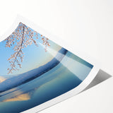 Extra large rolled print depicting Mount Fuji with floral line art in neutral tones, ideal for large living room wall art.