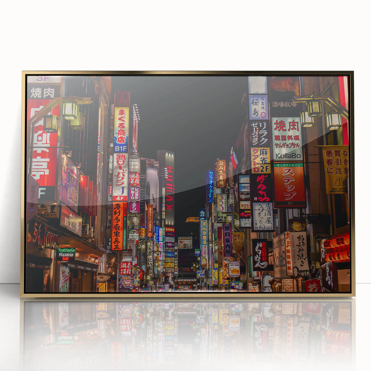 Framed acrylic print of Tokyo skyline in muted gold and black tones, ideal for modern art wall decor.