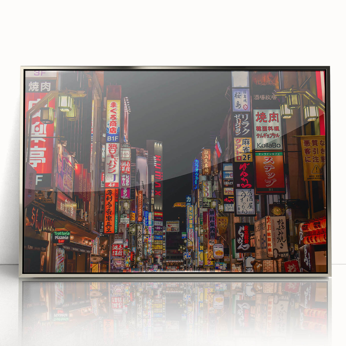 Mid-century modernist Tokyo skyline in muted gray and silver tones on a framed acrylic print.