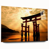 Large abstract wall art depicting a serene Japanese landscape in muted greens and blues on acrylic glass.