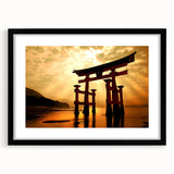 Abstract art print depicting a colorful, textured Japanese scenery in a large black frame, ideal for living room decor.