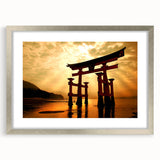 Textured abstract art print of a Japanese scenery in muted green and brown tones, framed with a silver mat.