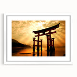Abstract art print of a Japanese landscape in muted earth tones on a framed white mat.