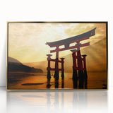 Large art print of a Japanese landscape in muted gold and blue tones on acrylic, framed, in a mid-century modernist style.