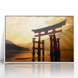 Acrylic print of a serene Japanese landscape in soft pastel shades, framed in white, suitable for nursery wall art.