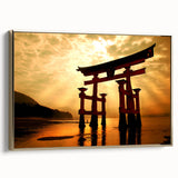 Framed canvas depicting a vintage-style Japanese landscape in muted gold and black tones, ideal for bedroom wall art.