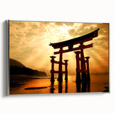 Landscape art painting of a Japanese scenery in colorful hues on a silver-framed canvas, suitable for living room decor.