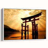 Vintage poster art of a Japanese scenery on framed canvas, featuring colorful elements against a black background.