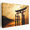 Large art of a tranquil Japanese landscape in muted greens and blues on stretched canvas, suitable for kitchen wall art.
