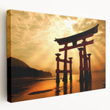 Large art of a tranquil Japanese landscape in muted greens and blues on stretched canvas, suitable for kitchen wall art.