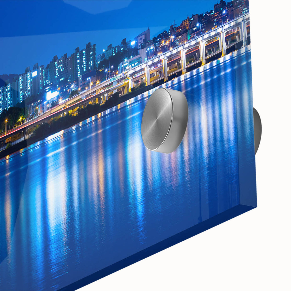 Large abstract depiction of Seoul with vibrant blue and gray tones on acrylic glass, suitable for dining room art.