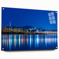 Acrylic print of Seoul skyline in muted gray and blue tones, ideal for modern bedroom or dining room decor.