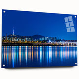 Acrylic print of Seoul skyline in muted gray and blue tones, ideal for modern bedroom or dining room decor.