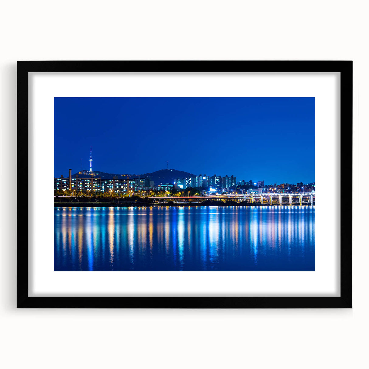 Extra large abstract art print of Seoul with vibrant colors and textured details on framed canvas.