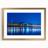 Extra large framed wall art of an abstract Seoul cityscape in textured gold and black tones, ideal for living room decor.