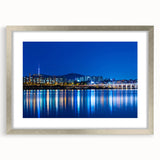 Textured art print of abstract Seoul skyline in muted gray and silver, framed with mat, ideal for bedroom art.