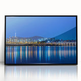 Large abstract wall art depicting Seoul's skyline in black and white tones on a framed acrylic.